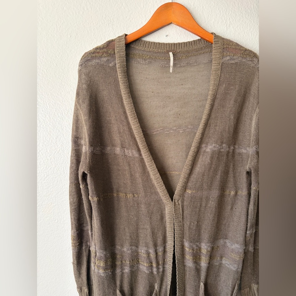 Free People Open Knit Green Brown Duster Cardigan Sweater Women’s Extra Small XS - Picture 4 of 14